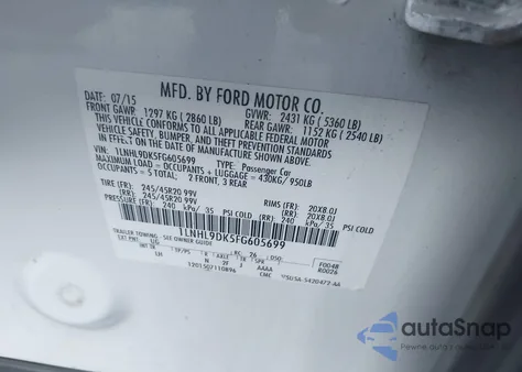 2015 Lincoln Mks из США, поврежденный, VIN 1LNHL9DK5FG605699